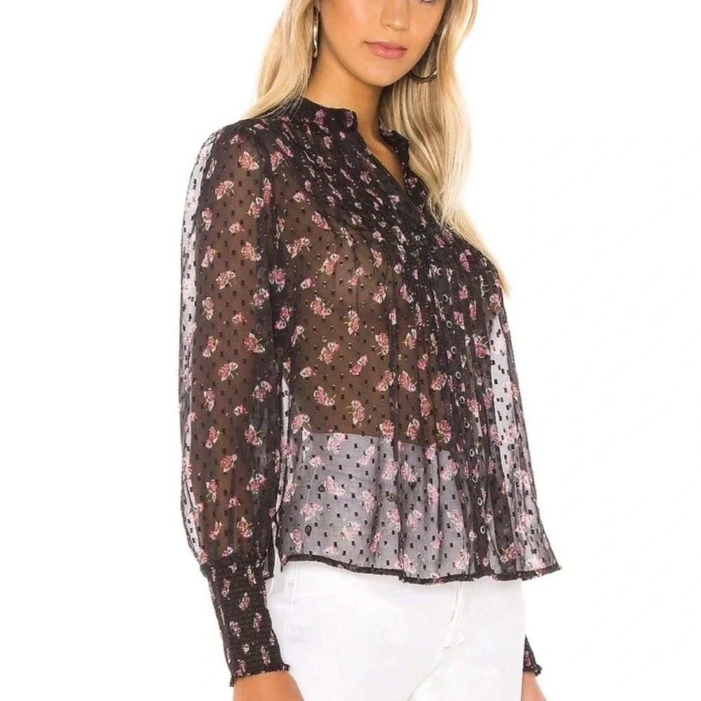 Free People Flowers In December Blouse Women's XS Black Boho Hippie Coquette Y2K